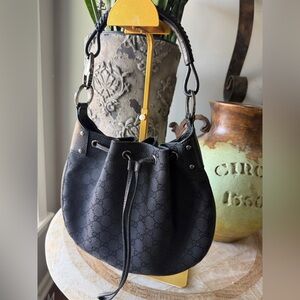 Authentic Gucci GG Jackie Bucket Bag, Black Canvas with Leather Trim